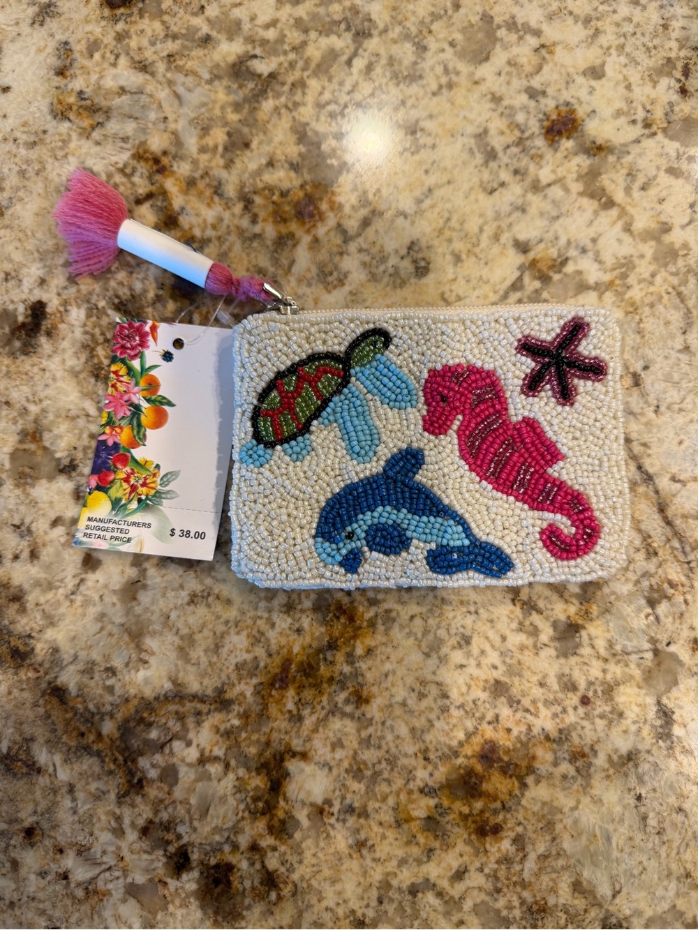 Beaded Ocean Creature Coin Purse with Pink Tassel